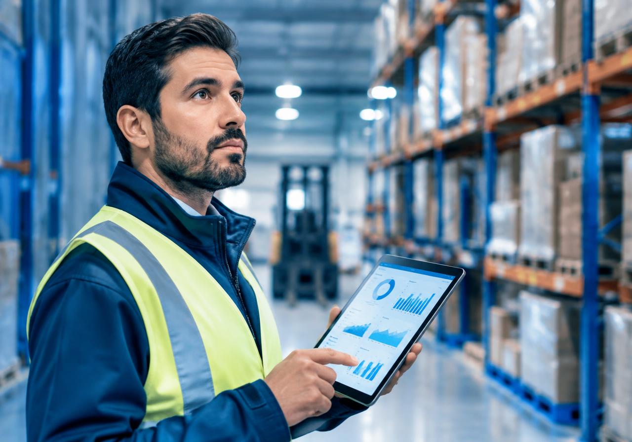 Supervisor consultando información de inventario en una tableta dentro del almacén; imagen ilustrativa